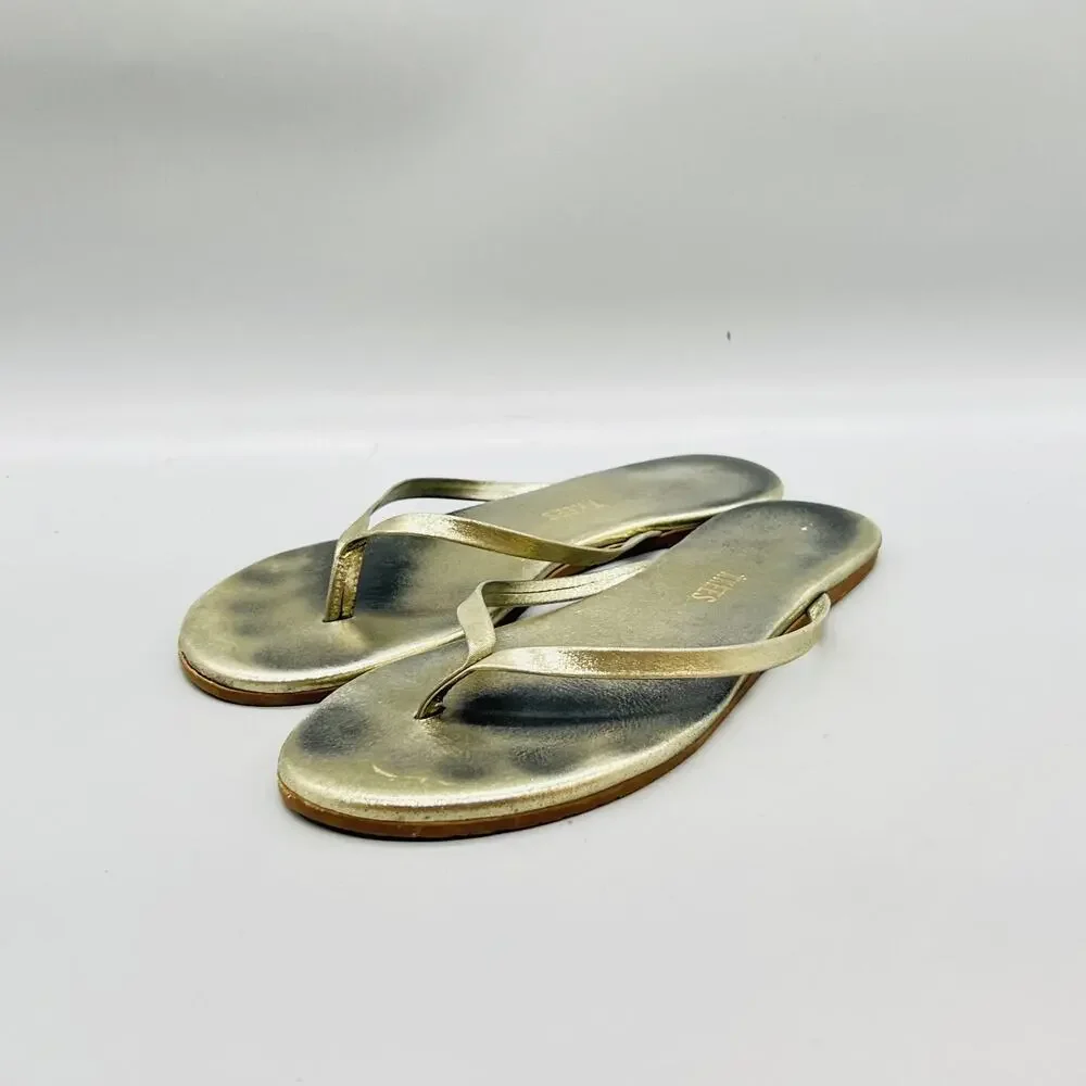 TKEES Sandals Womens 7 Gold Strappy Leather Flip Flop Thong Flat Casual Shoes